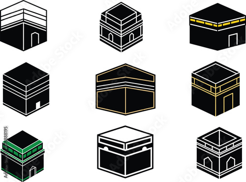 Vector Collection of Kaaba Icons Representing Islamic Architecture and Pilgrimage Themes