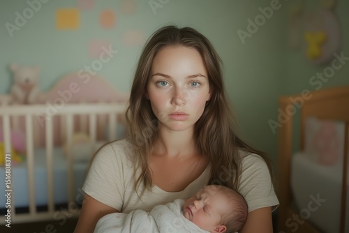 Emotionally drained mother holding baby, postpartum fatigue portrait, sitting near crib in nursery, quiet tension scene, mental health and isolation, motherhood without joy moment

