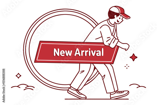 Delivery Worker Holding New Arrival Label in Red Monochrome Illustration

