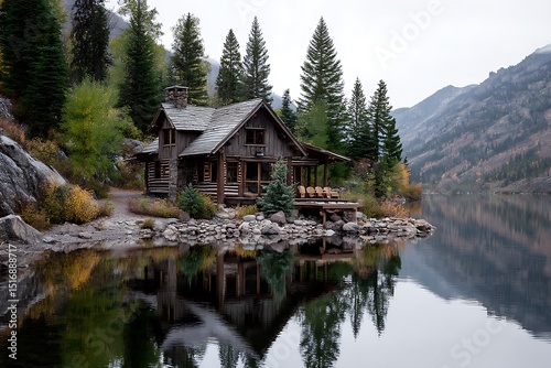 A rustic log cabin by a serene lake, surrounded by trees and mountains, offering a peaceful retreat into naturea??s beauty photo