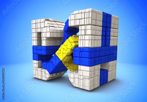 Interlocking white cubes with blue and yellow bands
