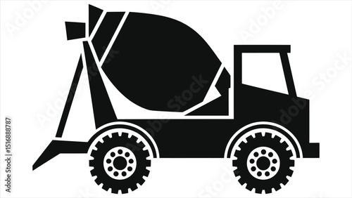 Simple black and white vector silhouette of a concrete mixer truck./A clean, minimalist vector graphic of a concrete mixer truck.