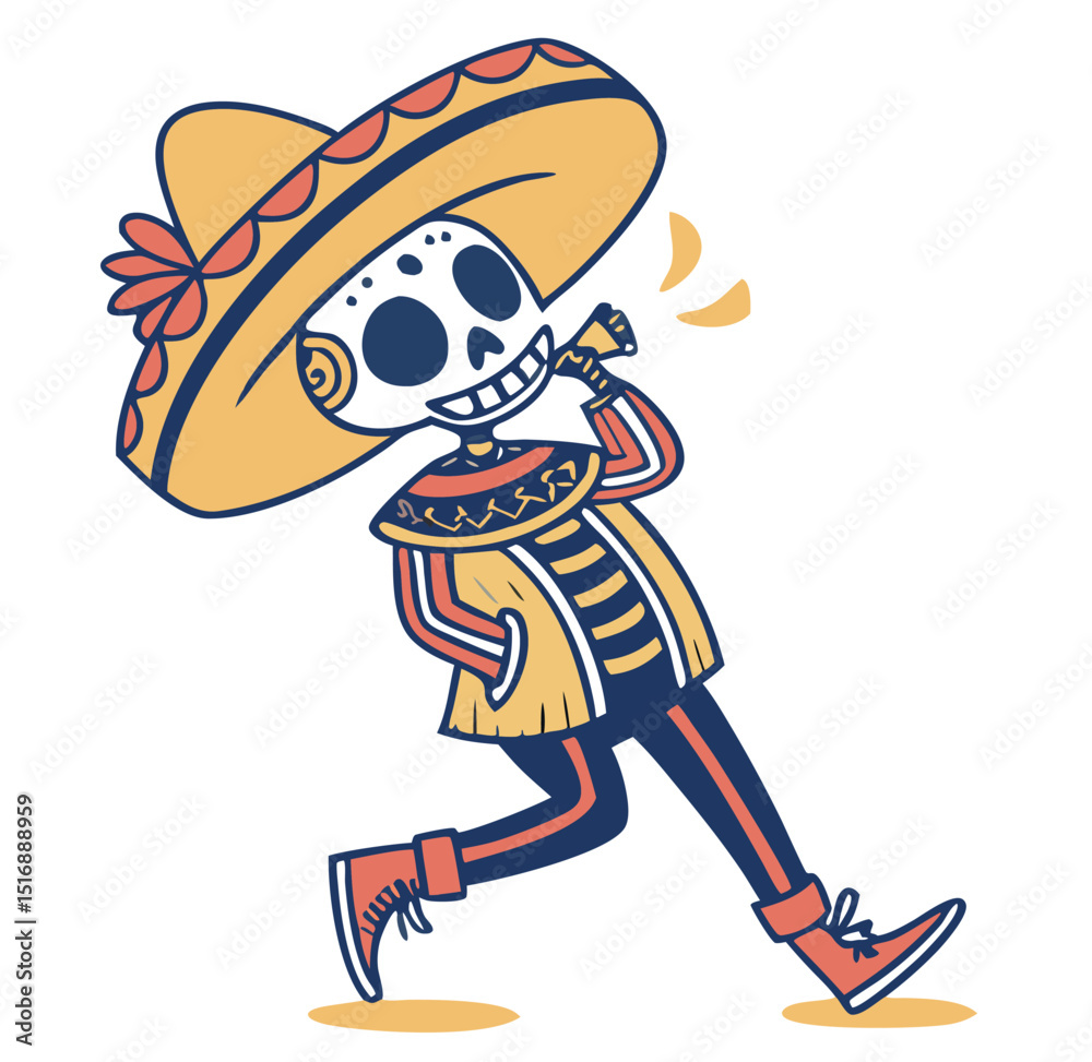 Fototapeta premium Cheerful skeleton in sombrero celebrating dia de los muertos