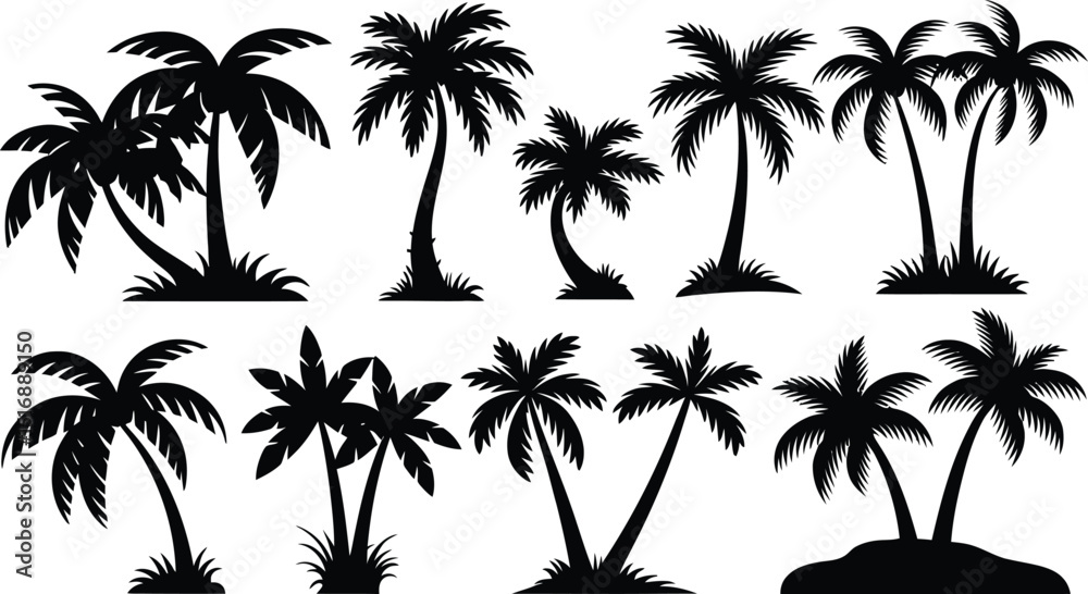 palm trees silhouette set, tropical coconut, isolated on white background
