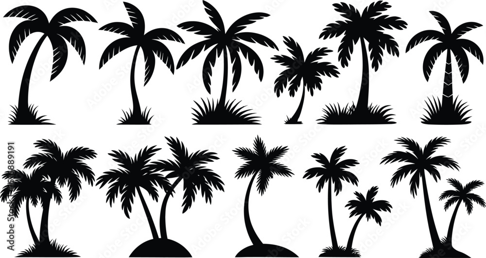 Obraz premium palm trees silhouette set, tropical coconut, isolated on white background