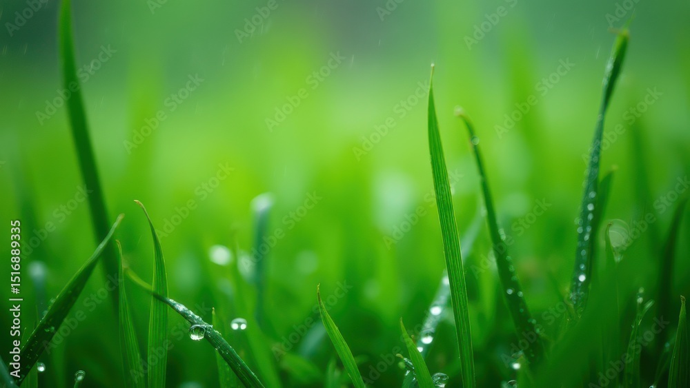 Fototapeta premium Refreshing Rainfall: Close-up of Raindrops and Dew on Lush Green Grass