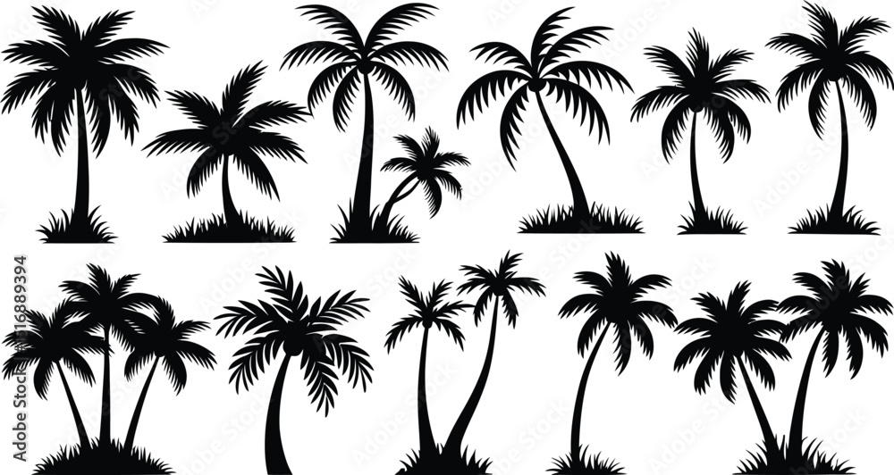 palm trees silhouette set, tropical coconut, isolated on white background