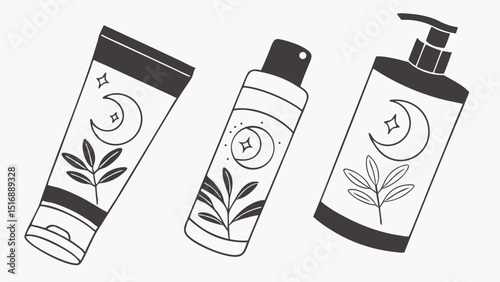 Illustration of three cosmetic products with moon and star designs and botanical elements drawn in black