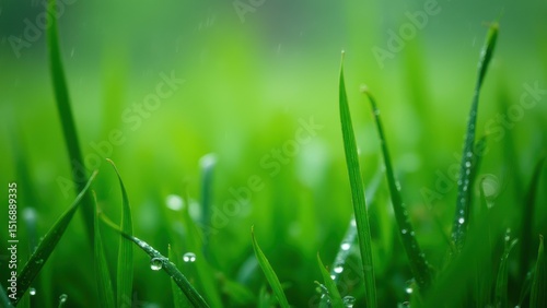 Refreshing Rainfall: Close-up of Raindrops and Dew on Lush Green Grass