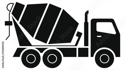 Simple vector silhouette of a concrete mixer truck./A clean, black and white vector graphic of a concrete mixer truck.