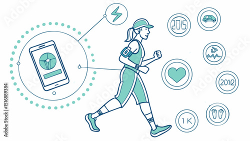 Woman running with fitness tracker and phone surrounded by icons representing health and activity