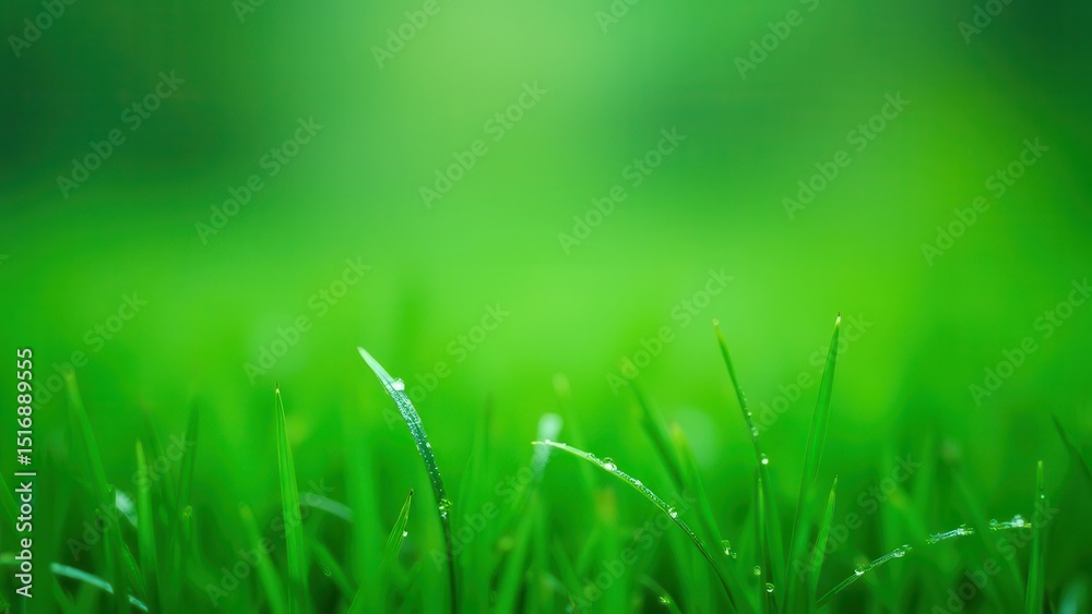 Obraz premium Refreshing Rainfall: Close-up of Raindrops and Dew on Lush Green Grass