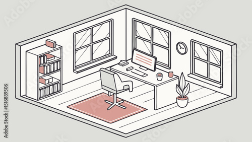 Isometric view of a home office with desk chair windows bookshelf and a rug in a cozy setting
