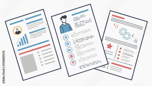 Illustration of three resume documents showing different layouts and design elements on a white background