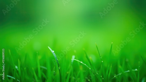 Refreshing Rainfall: Close-up of Raindrops and Dew on Lush Green Grass