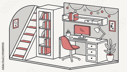 Isometric view of a room with a desk, chair, computer, bookshelf, and staircase leading up
