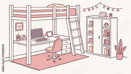 Illustration of a dorm room with a loft bed desk bookshelf and pink accents in a minimalist style