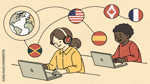 Two people learning languages online with world globe and various country flags connected by lines