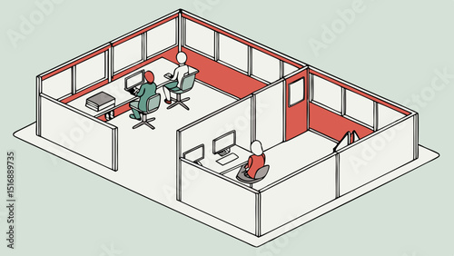 Isometric view of an office space with cubicles and people working at their computers in a modern design