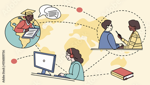 Illustration of global online education with students and communication networks shown clearly here