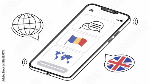 Smartphone displaying language translation app interface with world flags and globe icons shown here