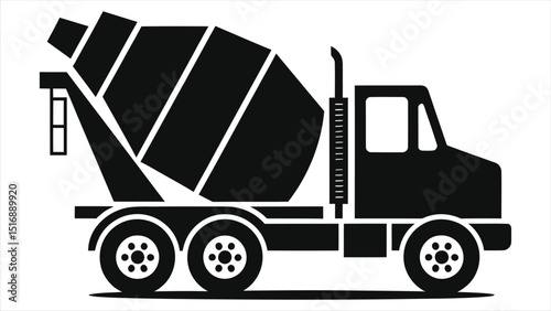 Vector Silhouette Illustration of a Concrete Mixer Truck/A simple, black and white vector graphic of a concrete mixer truck.