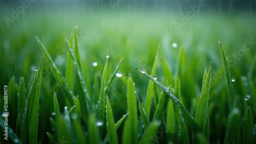 Refreshing Rainfall: Close-up of Raindrops and Dew on Lush Green Grass