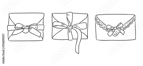 Set of three decorative envelopes with ribbons and bows in black and white. Celebration and gift-giving concept in elegant hand drawn style