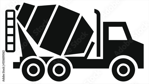 Simple black and white vector silhouette of a concrete mixer truck./A straightforward, black silhouette of a concrete mixer truck on a white background.