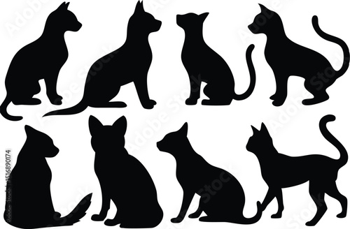 Set of Black Cat Silhouettes in Various Sitting and Standing Poses

