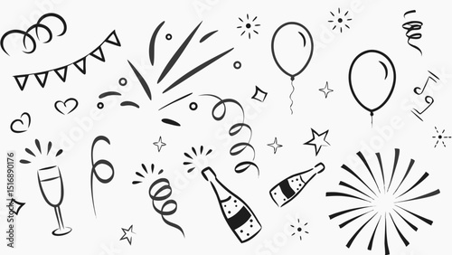 Celebration doodles featuring balloons, confetti, champagne, and celebratory decorations drawn in black