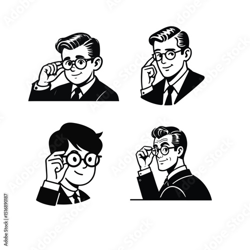 Vintage style illustrations of a businessman adjusting glasses in different poses
