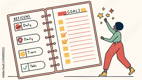 Illustration of a person celebrating with a goals list in a notebook with checkmarks and stars around