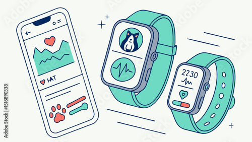 Illustration of a smartphone displaying pet health data next to two smartwatches with pet tracking apps