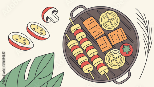 Illustration of a barbecue grill with skewers, vegetables, mushroom, and passion fruit slices arranged nicely