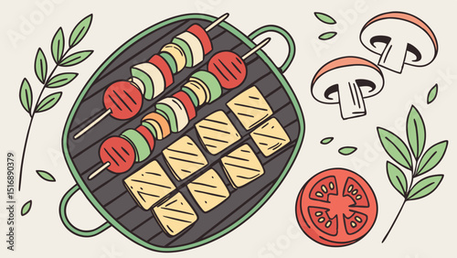Illustration of grilled skewers with vegetables and tofu next to sliced mushrooms and tomato slice