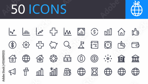 Collection of fifty different line art icons representing various symbols and concepts in a grid layout