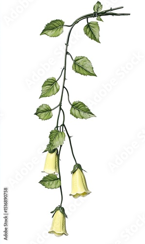 Pale yellow bell-shaped flowers cascading down a vine with leaves