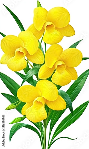Vibrant bunch of yellow orchids with lush foliage