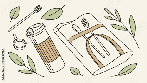 Still life of a coffee cup with a sleeve, a spoon, a fork, and leaves on a light background