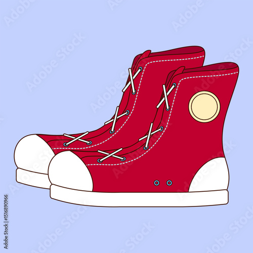 Red high top sneakers vector cartoon flat illustration with white soles and laces on light blue background. Physical education lesson. For back to school theme, educational concept, classroom decor.
