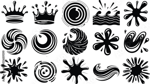 Splash water vector collection, Fresh droplet isolated black set icon, ink or paint stain of simple shapes 