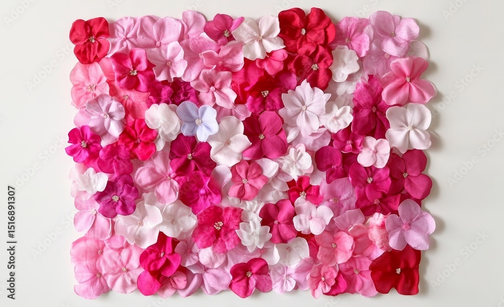 Obraz premium Delicate fabric hydrangea arrangement creating a vibrant floral centerpiece on a white backdrop