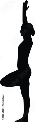 Woman Practicing Tree Pose Yoga Silhouette, Black and White Illustration