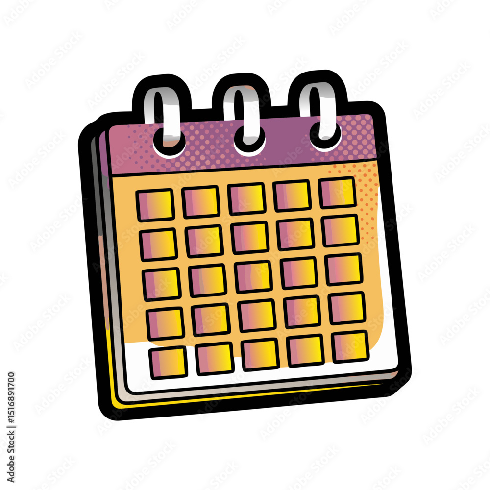 Colorful calendar icon in pop art style with bold outlines, transparent background  