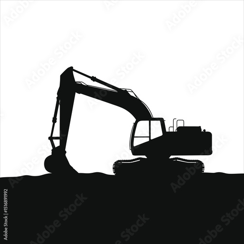Vector Silhouette of a Powerful Excavator on a Job Site/A bold, minimalist silhouette of an excavator against a white background.
