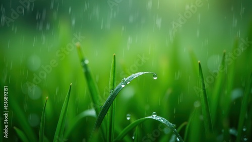 Refreshing Rainfall: Close-up of Raindrops and Dew on Lush Green Grass