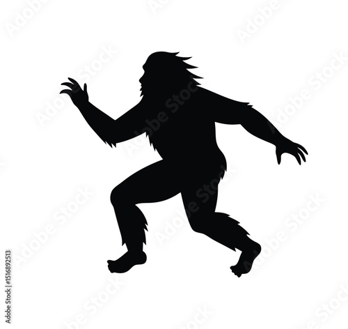Black silhouette of bigfoot running in a forward position against a white background