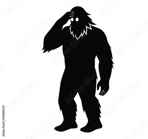 Silhouette depiction of a bigfoot cryptid creature with a surprised expression on a white background