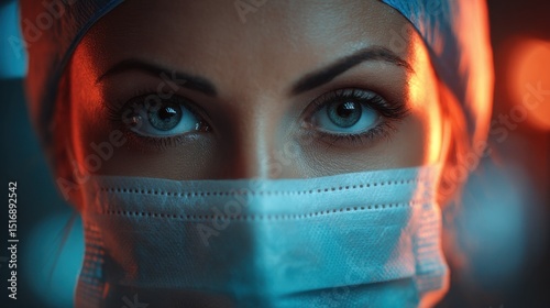 A focused medical professional in surgical mask, eyes intense with determination -- dedication in healthcare.